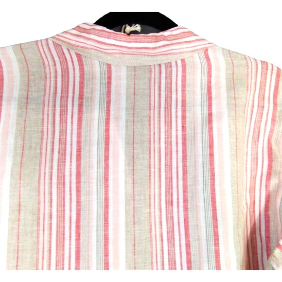 Studio Works Shirt Size M Linen Tan Red Stripe Tab Sleeve Resort Beach Coastal - Picture 4 of 7